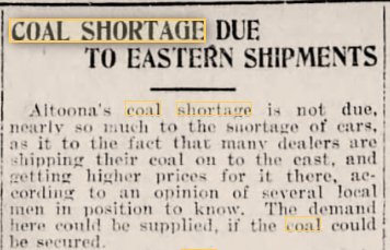 Headline: Coal Shortage due to Eastern Shipments