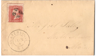 1868 postcard, Slatersville, Rhode Island, to North Anson, Maine