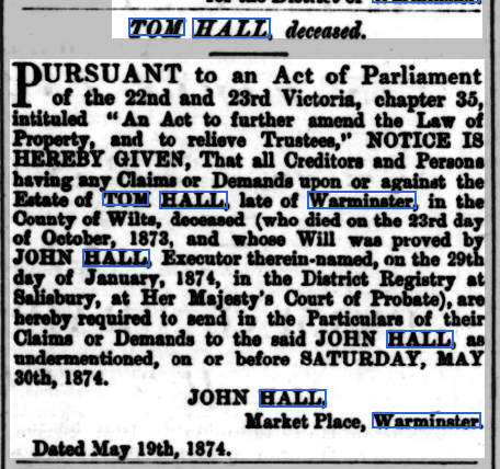 Warminster Herald, May 23, 1874 notice re: estate of Tom Hall
