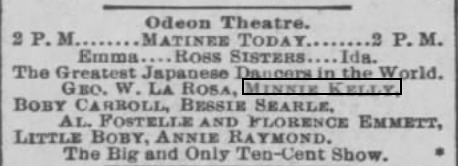Advertisement for Minnie Kelly and Bobby Carroll at the Odeon Theater