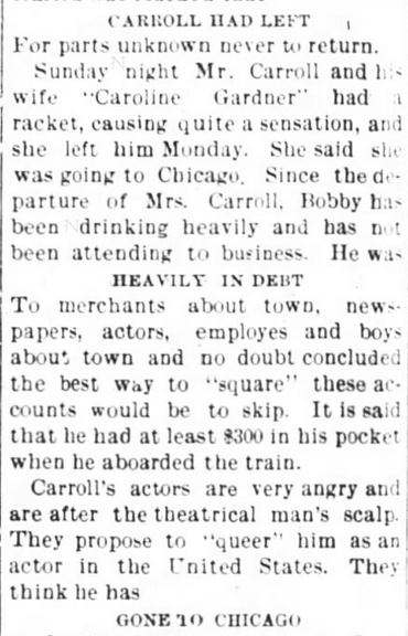Newspaper article: Bobby Carroll heavily in debt