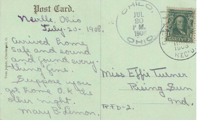 1908 postcard, Chilo, Ohio to Rising Sun, Indiana, back