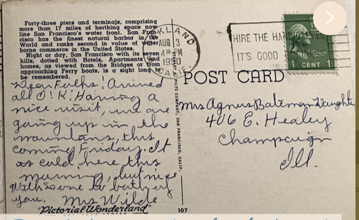 1950 Postcard, Oakland CA to Champaign, IL