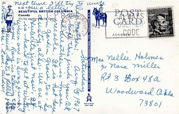 1967 postcard from Garden Grove, California, to Haddon, Oklahoma