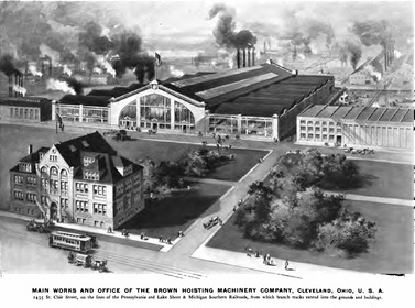 aerial view painting of a large factory and an office building in the foreground. Caption says main works and office of the Brown Hoisting Machinery Company, Cleveland, Ohio
