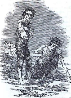 painting of a young man and woman, poorly-clothed and starving
